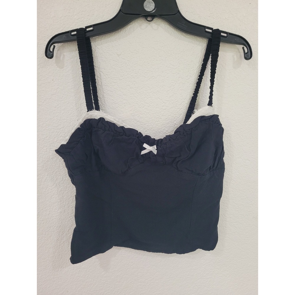 Sienna Sky Black Smocked Crop Top Lace Trim Bow Detail Sweetheart Neck Medium #3